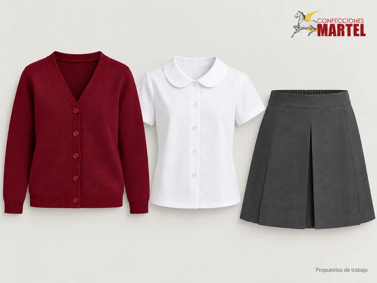 Propuesta Martel Lectura Granate: Cárdigan granate de botones, Blusa blanca de manga corta, Falda gris oscuro con pliegue central invertido