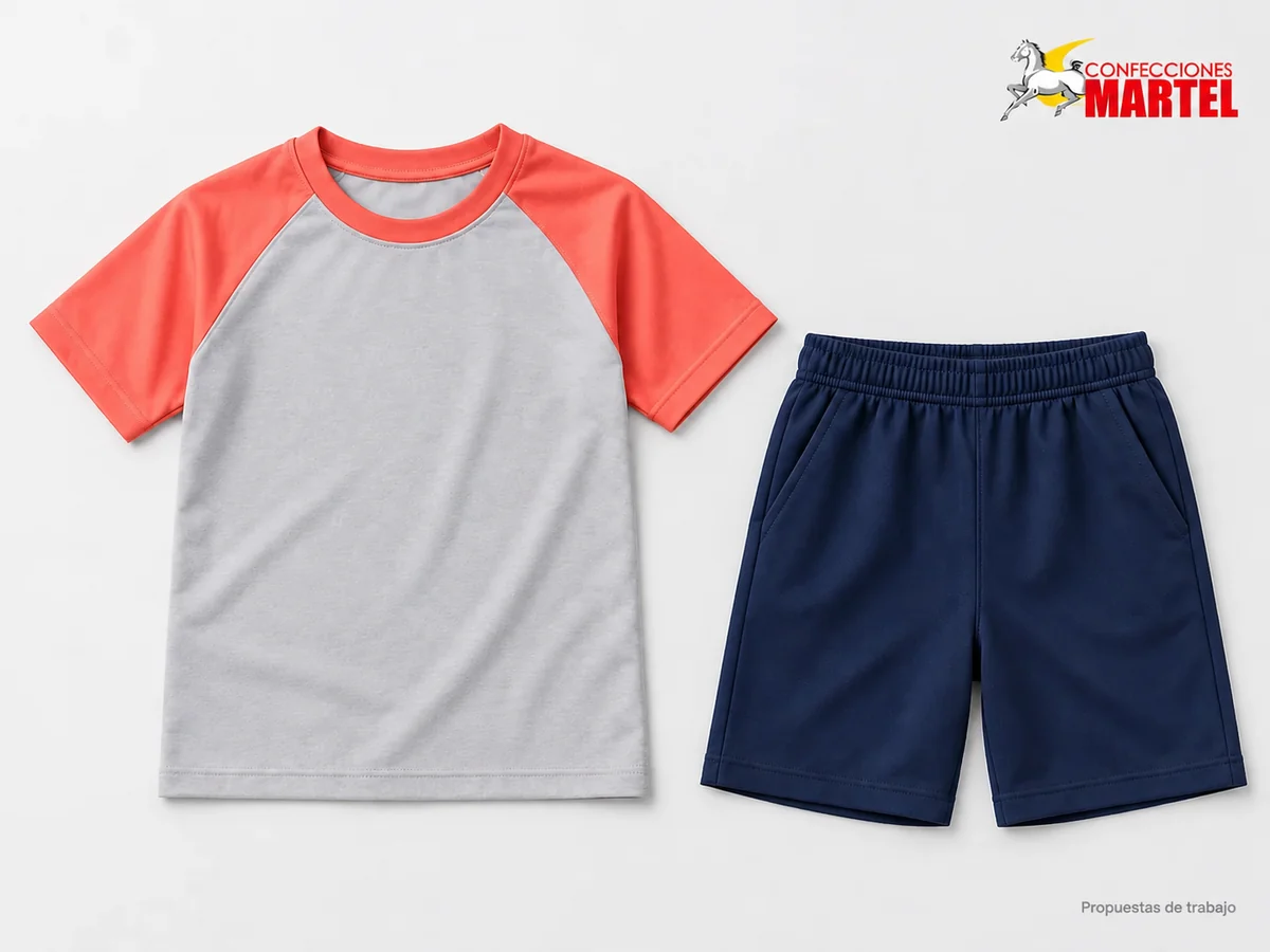 Propuesta Martel Recreo Coral: Polo gris claro con mangas raglán coral, Short azul marino de pierna recta