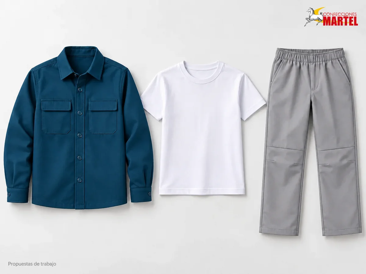 Propuesta Martel Explorador Azul: Sobrecamisa azul petróleo de botones, Polo blanco de manga corta, Pantalón gris perla con pinzas de rodilla