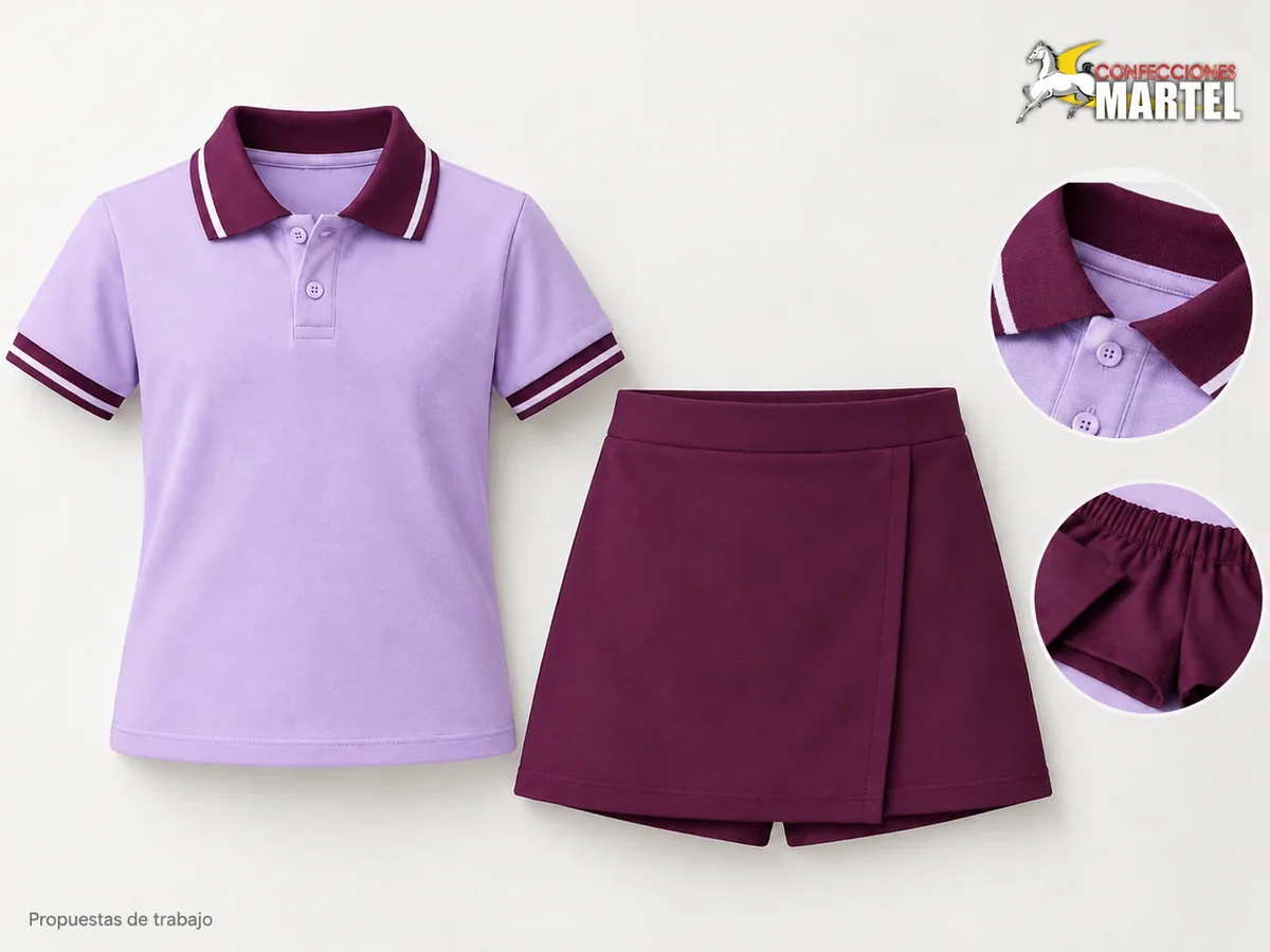 Propuesta Martel Trazo Escolar: Polo lila de cuello camisero ciruela, Falda-short ciruela de frente liso