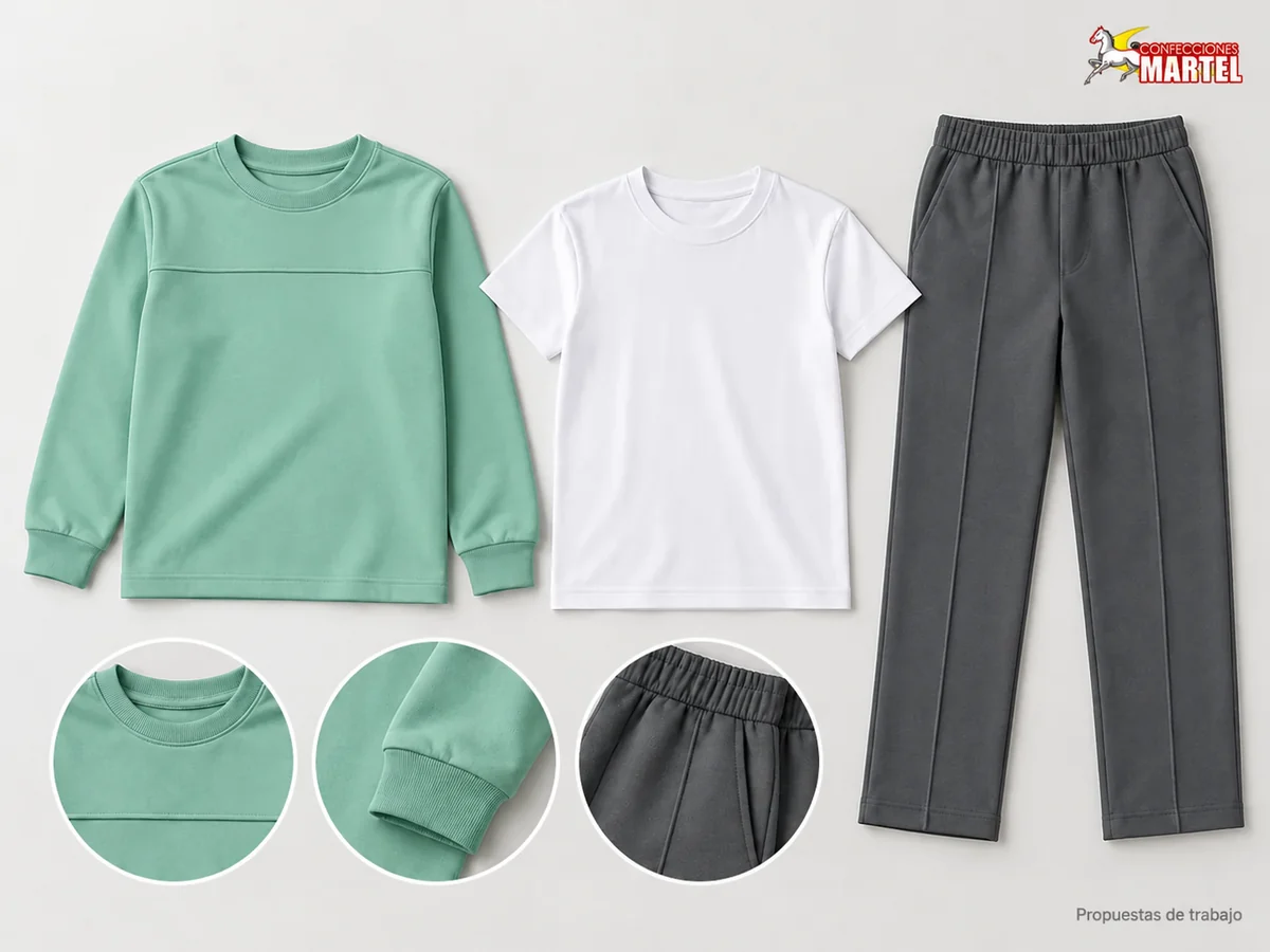 Propuesta Martel Horizonte Menta: Polera menta sin capucha, Polo blanco de cuello redondo, Pantalón gris grafito recto