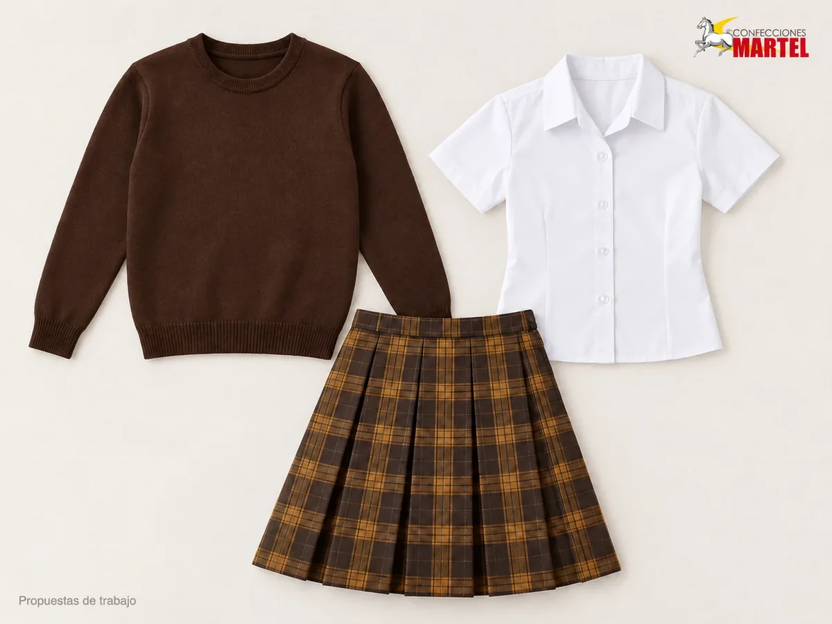 Propuesta Martel Cuadro Tradición: Chompa chocolate de cuello redondo, Blusa blanca de cuello camisero, Falda de cuadros chocolate y ocre con tablones