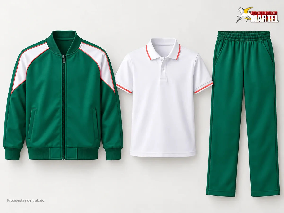 Propuesta Martel Ronda Deportiva: Casaca verde esmeralda tipo bomber sin capucha, Polo blanco de manga corta, Pantalón verde esmeralda de bajo recto