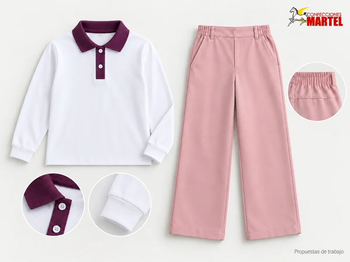 Propuesta Martel Taller Luz: Polo blanco de manga larga y cuello ciruela, Pantalón rosa palo de corte amplio recto