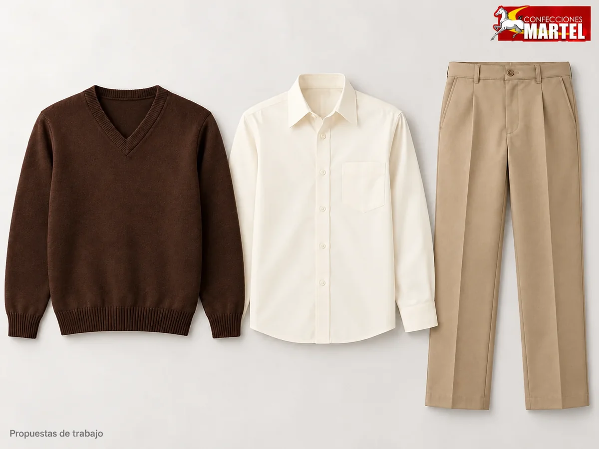 Propuesta Martel Campus Ejecutivo: Chompa chocolate de cuello en V, Camisa marfil de manga larga, Pantalón beige de corte recto