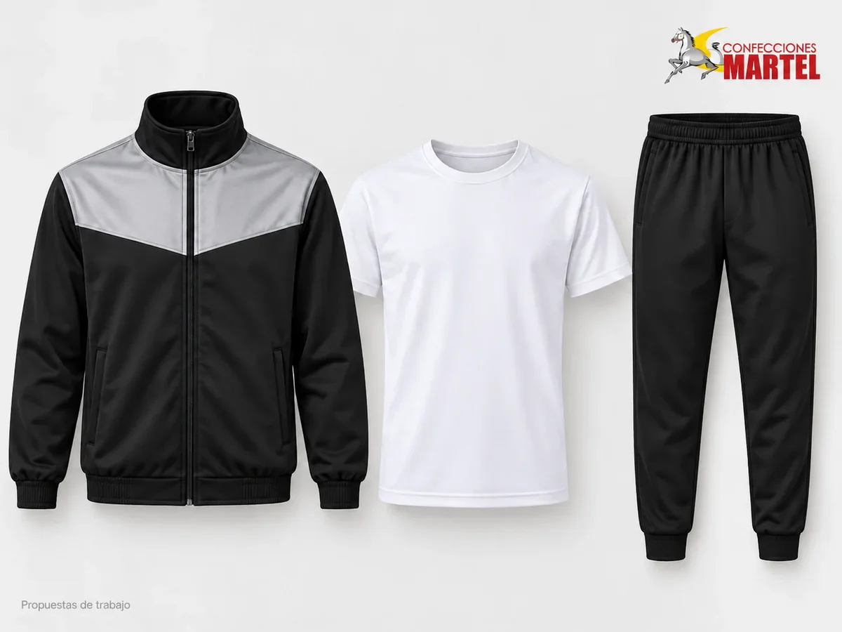 Propuesta Martel Línea Vanguardia: Casaca negra con canesú gris plata, Polo blanco de cuello redondo, Pantalón negro de pierna afinada