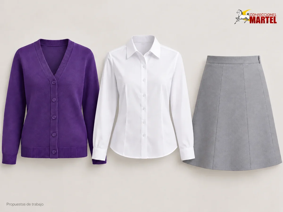 Propuesta Martel Foro Granate: Cárdigan violeta de botones, Blusa blanca de manga larga, Falda gris perla de seis paños