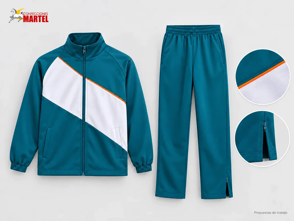 Propuesta Martel Pista Diagonal: Casaca turquesa oscuro con panel diagonal blanco, Pantalón turquesa oscuro de bajo recto