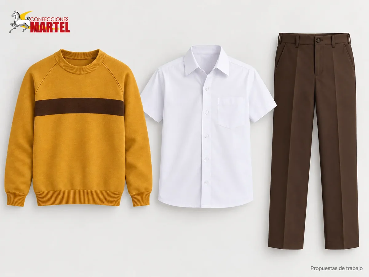 Propuesta Martel Academia Arena: Chompa mostaza suave de cuello redondo con franja chocolate, Camisa blanca de manga corta, Pantalón chocolate recto
