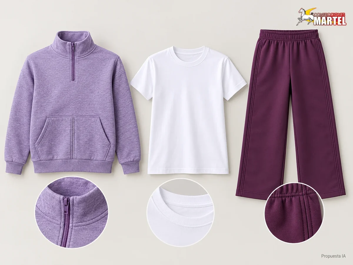 Propuesta Martel Movimiento Urbano: Polera lavanda jaspeado de media cremallera sin capucha, Polo blanco de manga corta, Pantalón ciruela de corte amplio