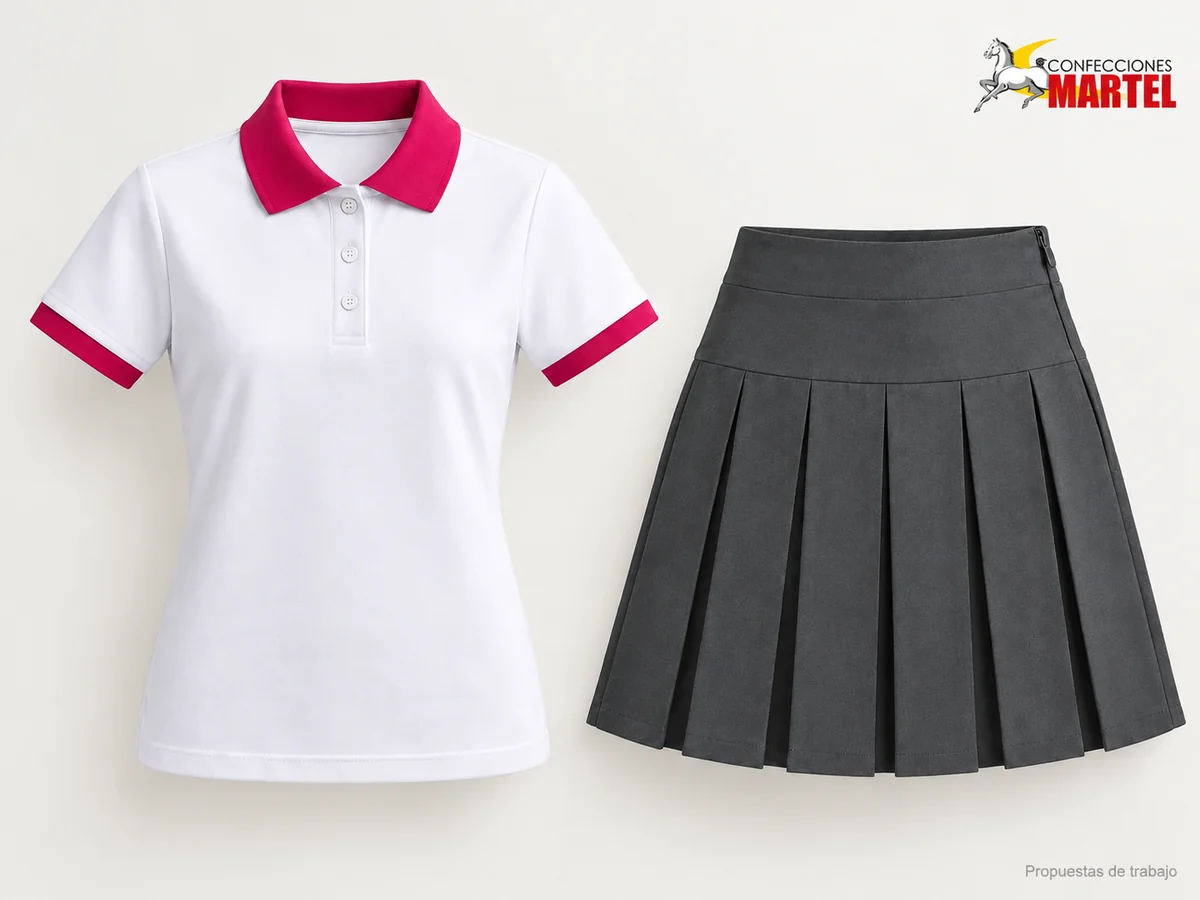 Propuesta Martel Patio Prisma: Polo blanco de cuello fucsia oscuro, Falda gris carbón de tablones anchos