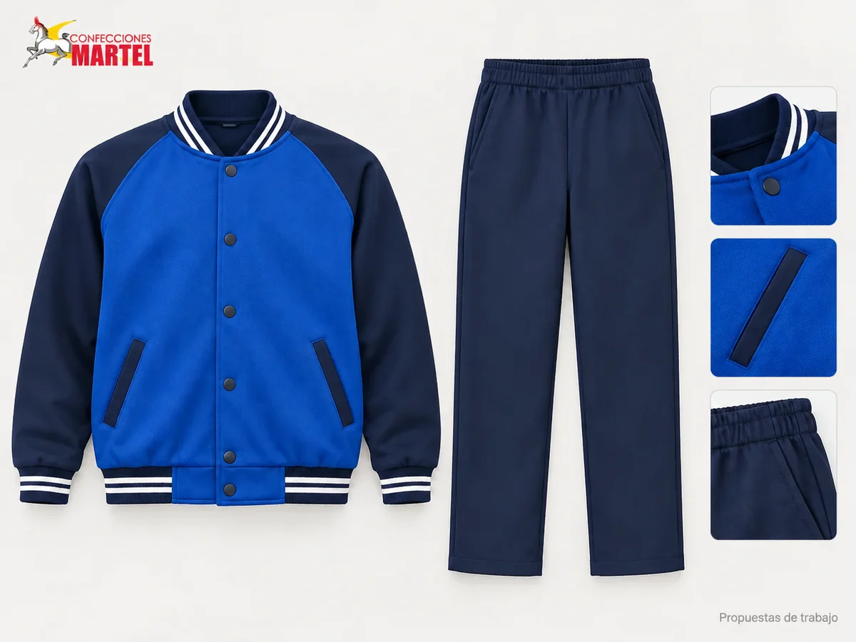 Propuesta Martel Encuentro Azul: Casaca azul rey tipo bomber con mangas azul marino, Pantalón azul marino recto