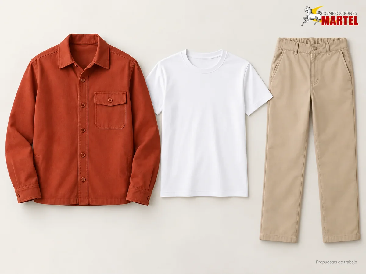 Propuesta Martel Estudio Tierra: Sobrecamisa terracota de cuello camisero, Polo blanco de cuello redondo, Pantalón arena de pierna recta