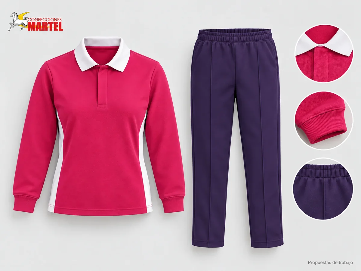 Propuesta Martel Jornada Frambuesa: Polo rosa frambuesa de manga larga con cuello blanco, Pantalón violeta oscuro de corte ligeramente afinado