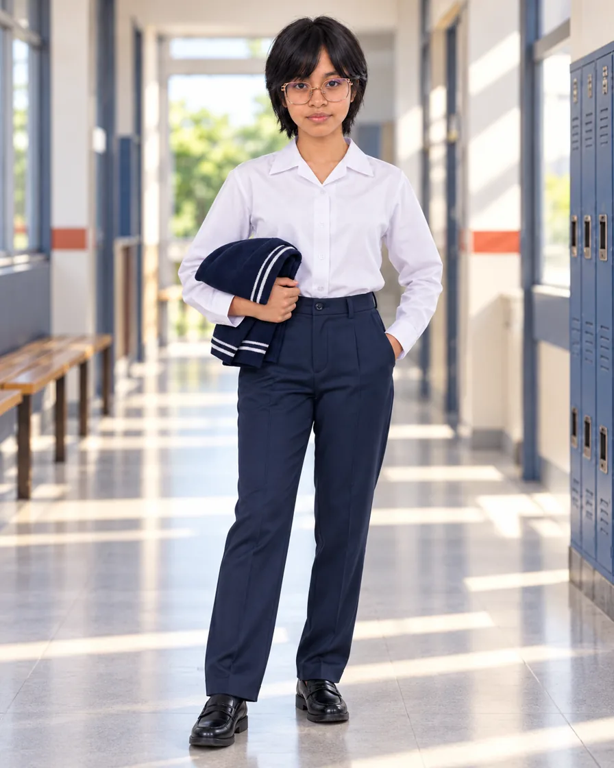 Modelo con blusa blanca y pantalón azul marino; imagen generada de referencia