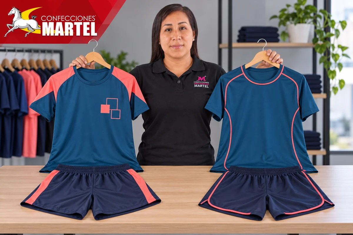 Mujer presenta dos camisetas petróleo con paneles, ribetes y figuras coral junto a shorts marinos.