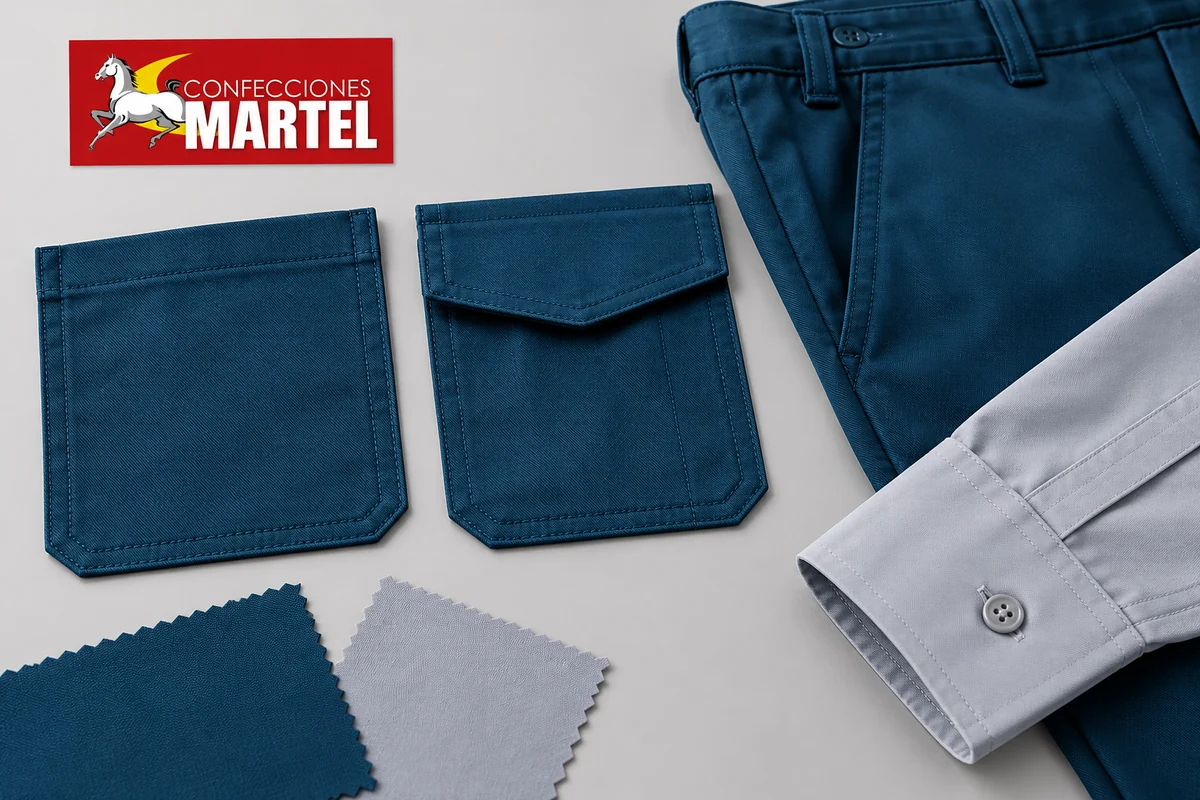 Dos muestras de bolsillo azul petróleo, abierto y con tapa, junto a puño gris y retales