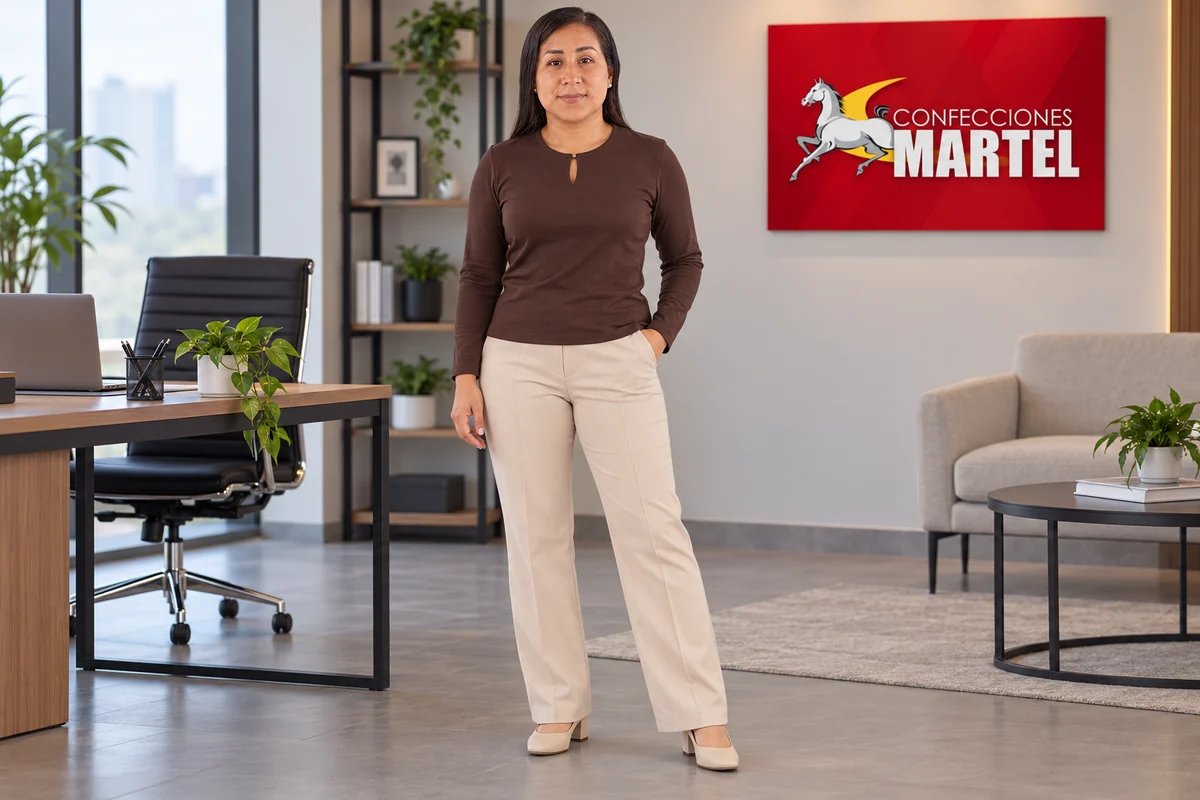Mujer con blusa chocolate de manga larga abertura discreta y pantalón beige