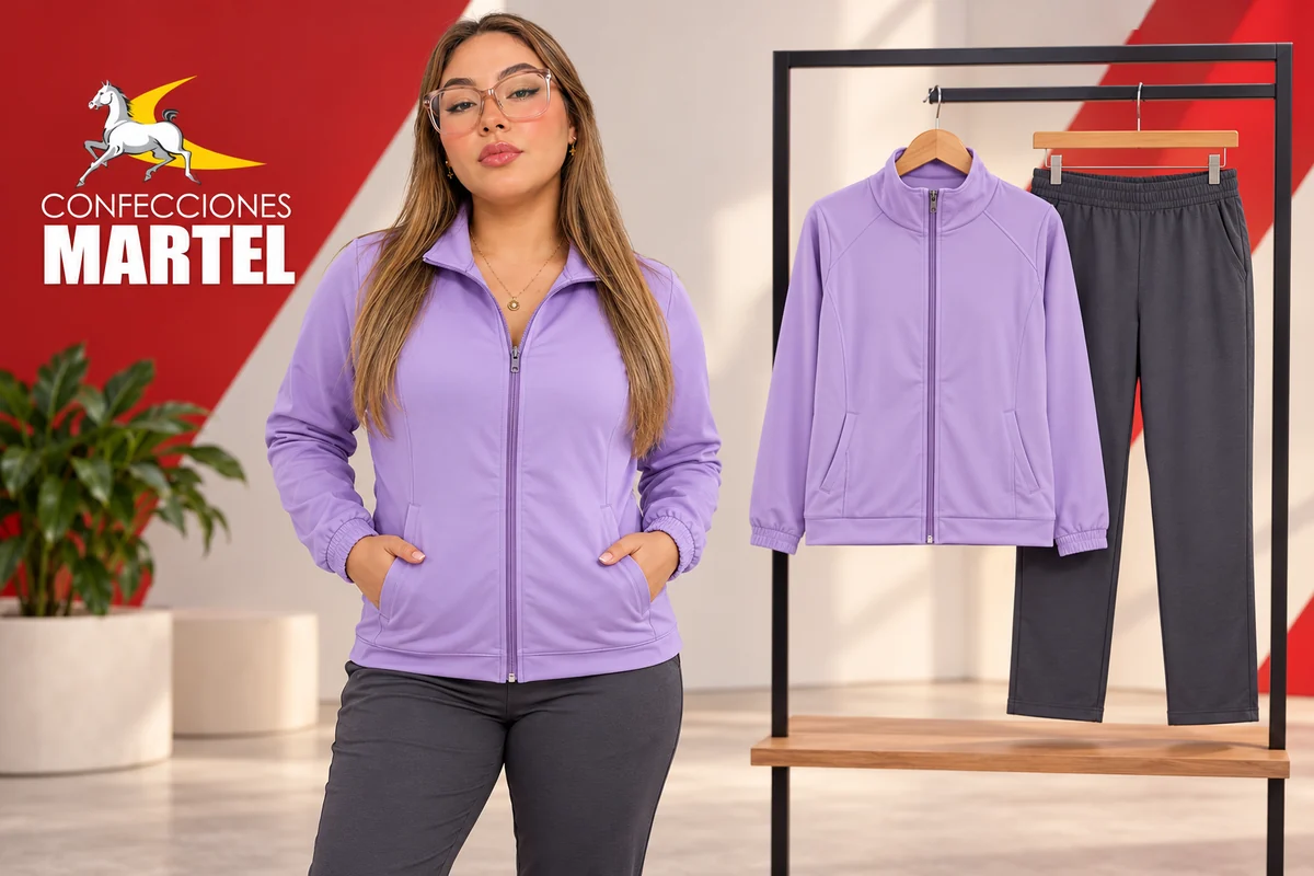 Mujer con casaca lila y muestras de casaca y pantalón gris