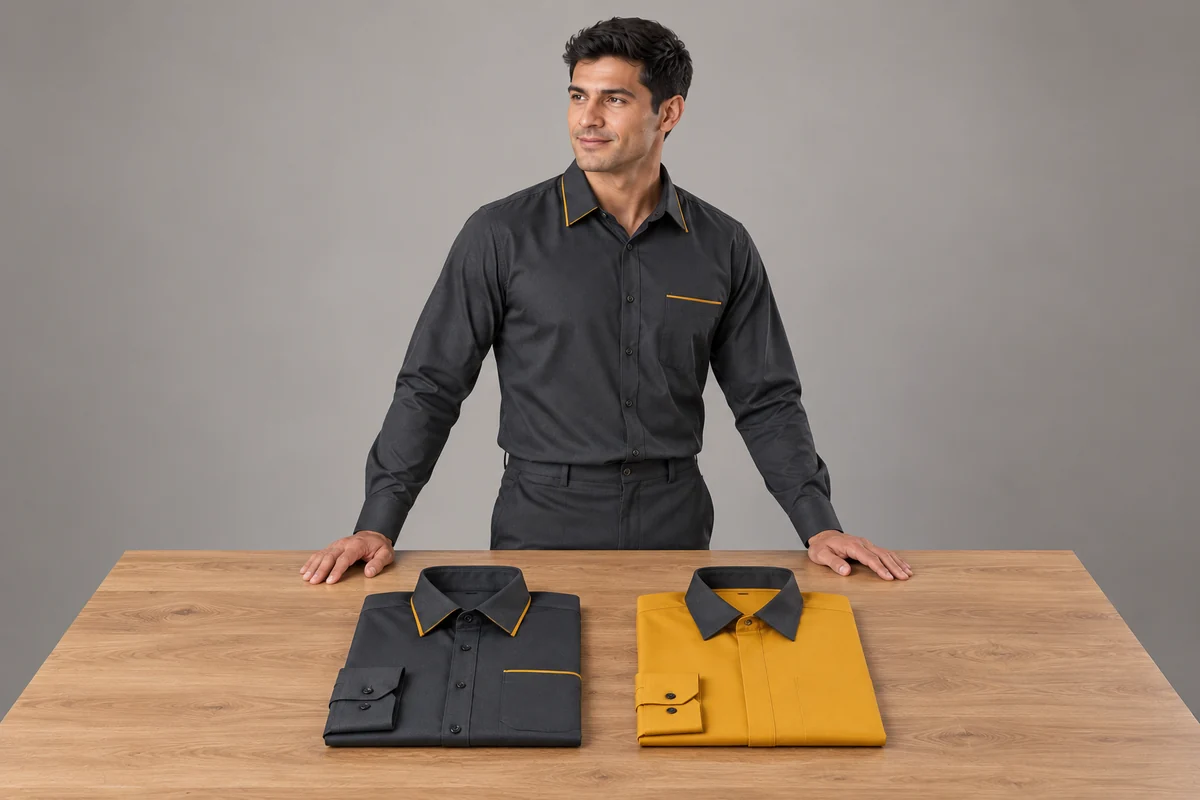 Hombre presenta dos camisas plegadas, grafito y mostaza, sobre una mesa.