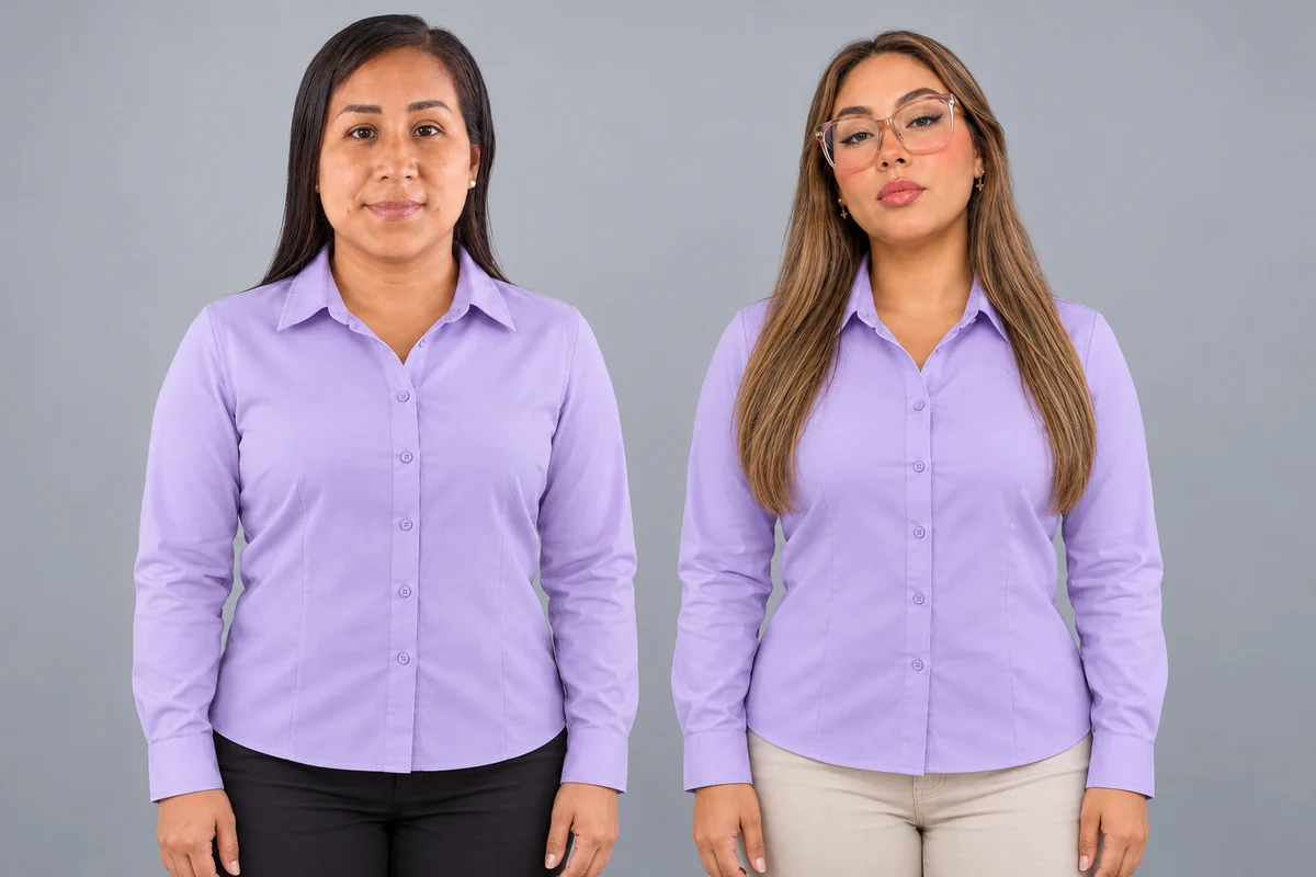 Vista frontal de dos mujeres con camisas lilas de manga larga.