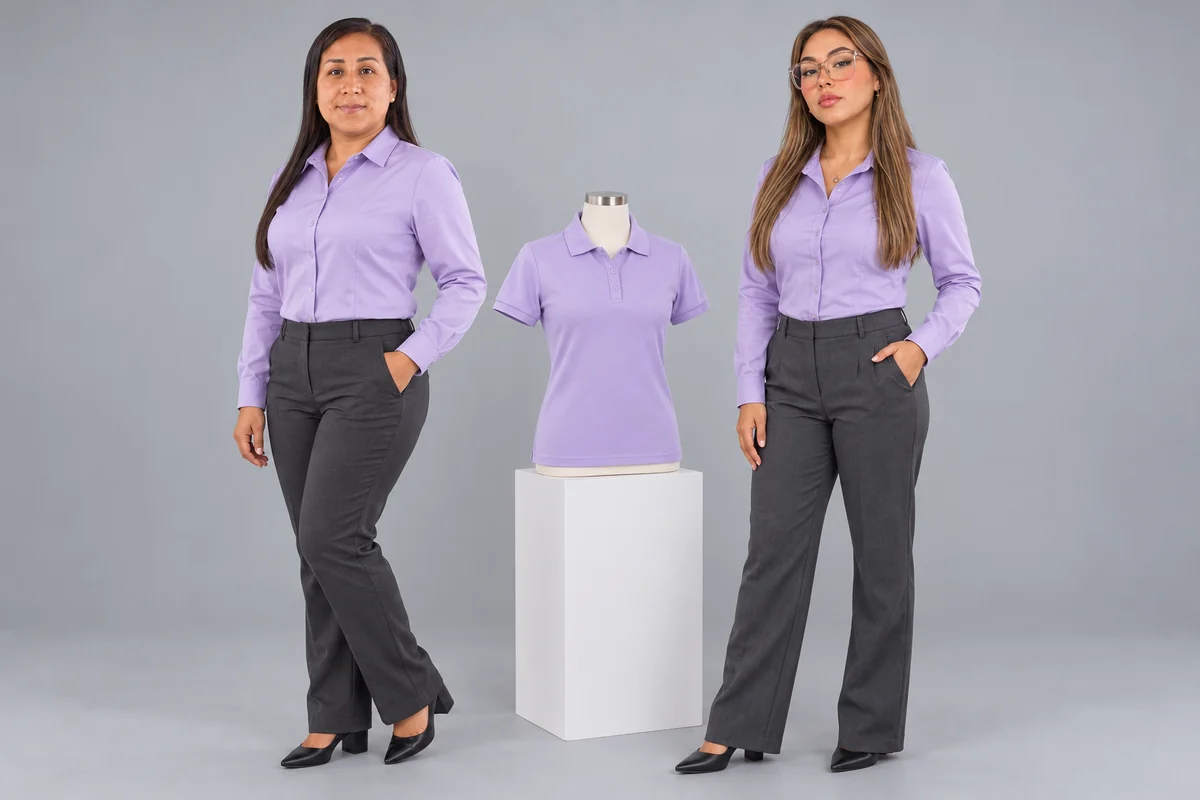 Dos mujeres con camisas lilas y pantalones grises junto a un polo lila sobre maniquí.