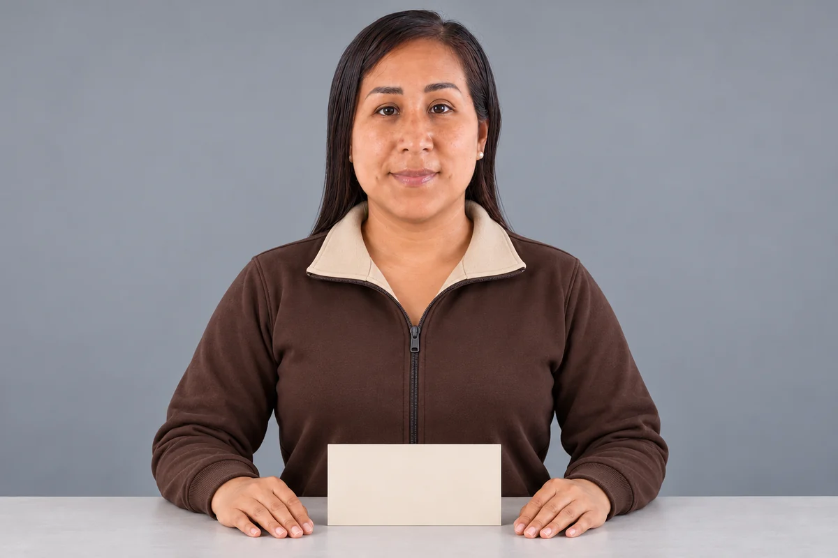 Mujer con casaca chocolate y cuello beige frente a una tarjeta sin texto.