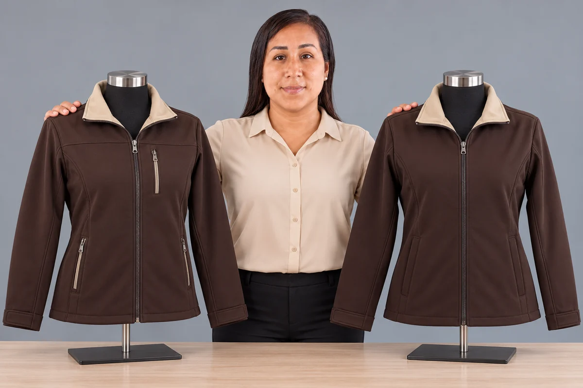Mujer presenta dos casacas chocolate con cuello beige y diferentes bolsillos sobre maniquíes.