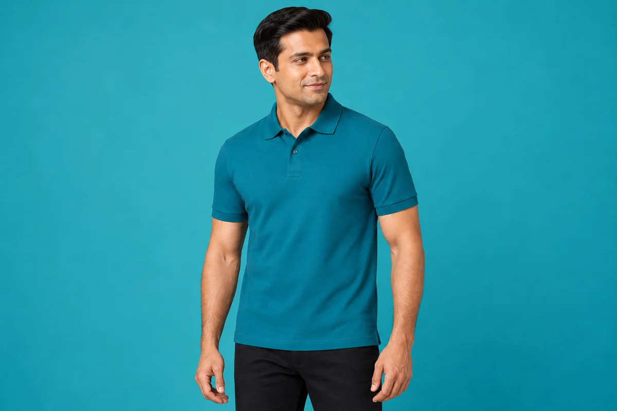 Vista frontal de un hombre con polo turquesa liso sobre fondo del mismo color.