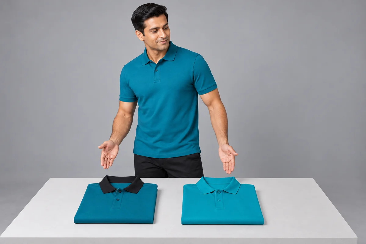 Hombre presenta dos polos turquesa plegados, uno con cuello negro y otro turquesa.