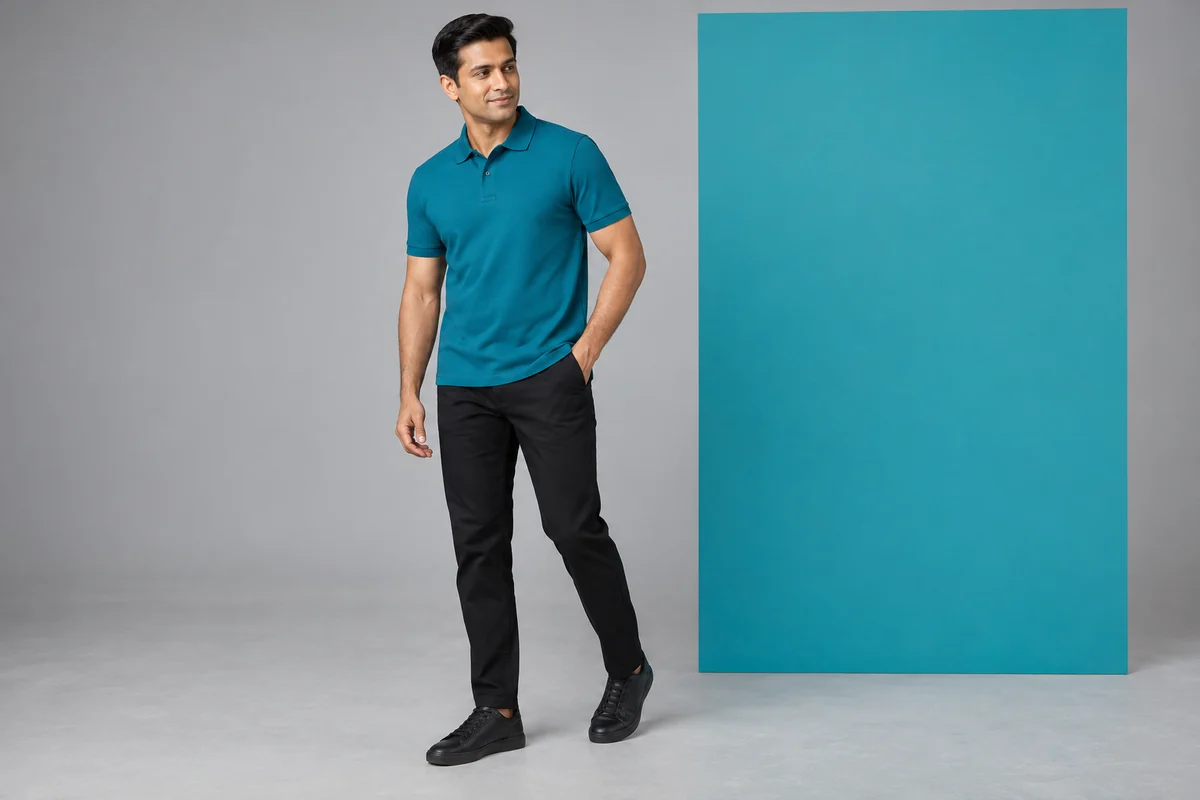 Hombre con polo turquesa y pantalón negro junto a un panel turquesa.