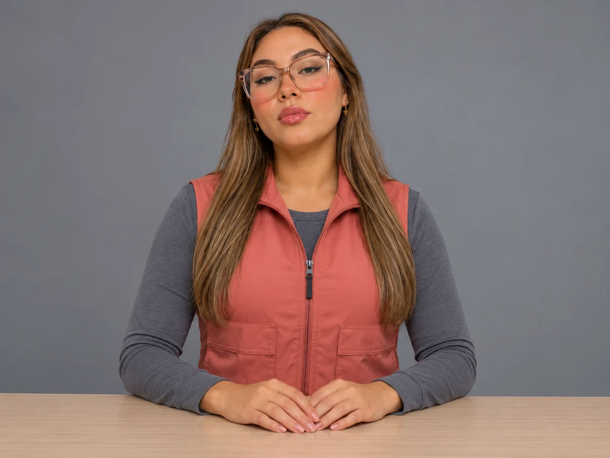 Mujer con chaleco coral con cierre y bolsillos sobre una prenda gris de manga larga.