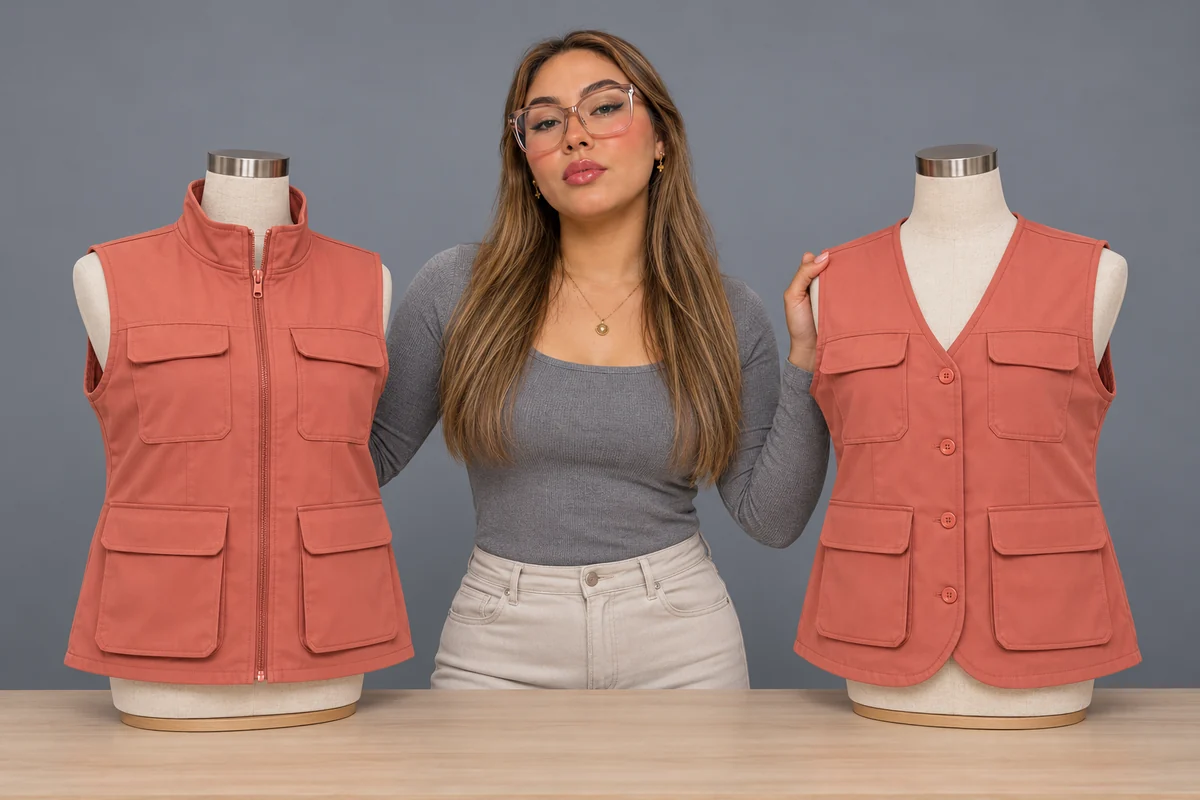 Mujer presenta dos chalecos coral sobre maniquíes, uno con cierre y otro con botones.