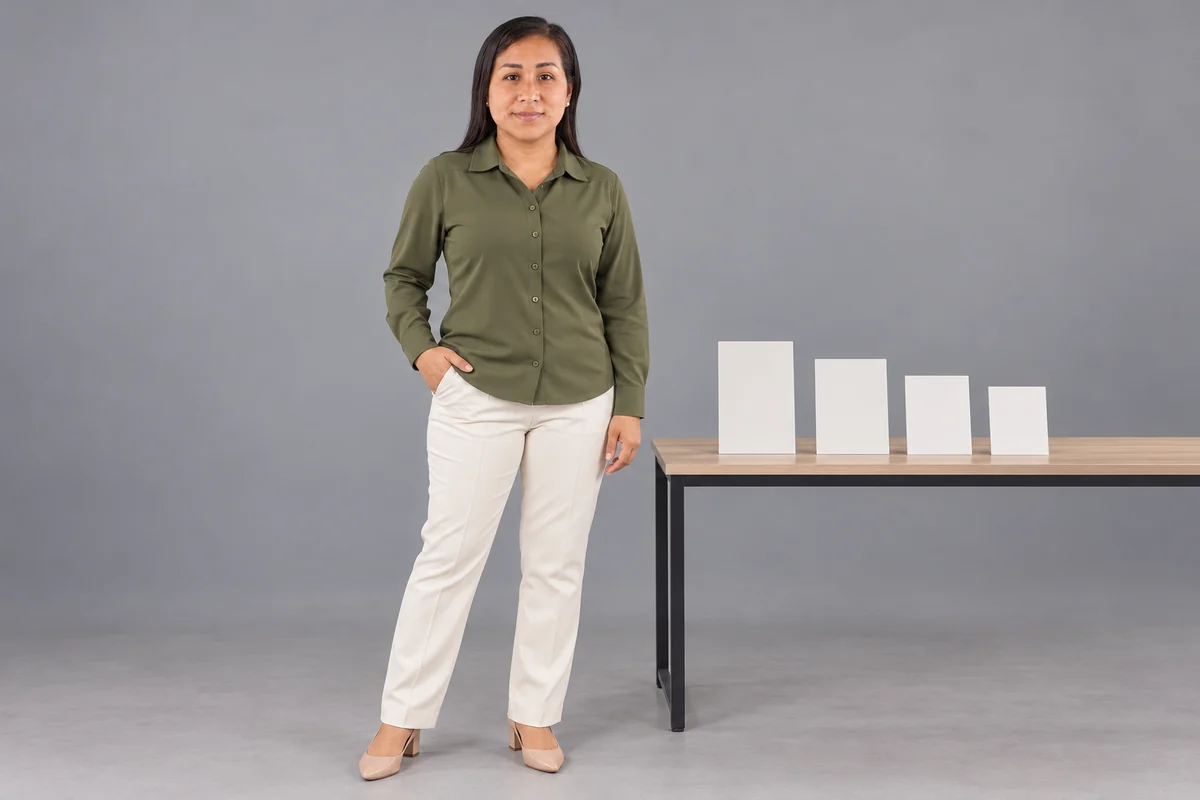 Mujer con blusa verde oliva y pantalón claro junto a tarjetas blancas sin texto.