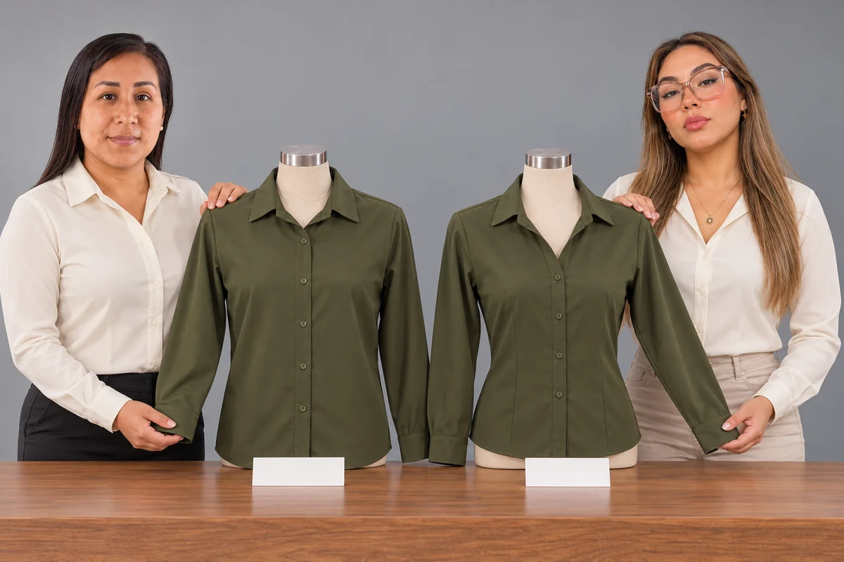 Dos mujeres presentan camisa y blusa verde oliva sobre maniquíes, con tarjetas sin texto.