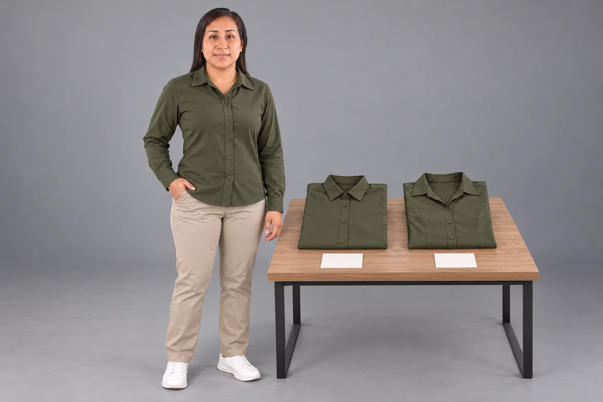 Mujer junto a dos prendas verde oliva plegadas y tarjetas blancas sobre una mesa.