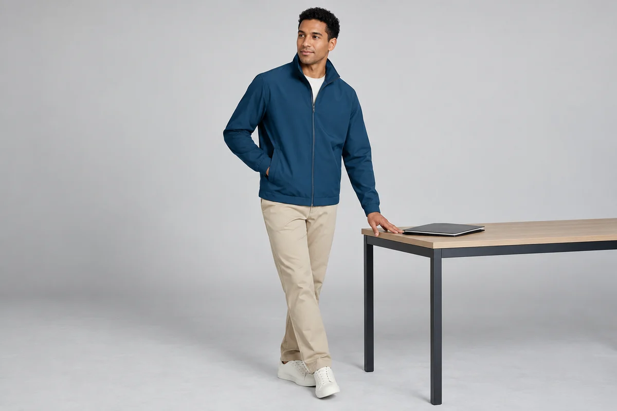 Hombre con casaca azul petróleo y pantalón arena junto a una carpeta cerrada.