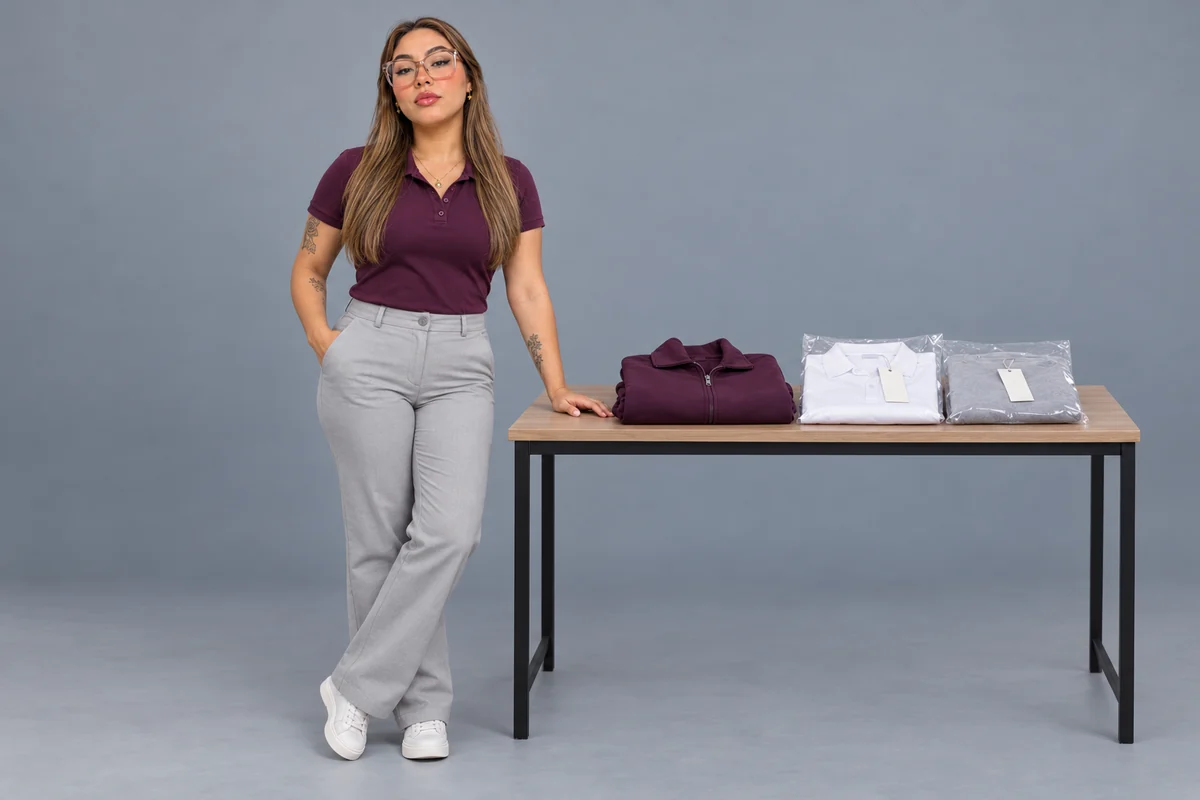 Mujer con polo ciruela y pantalón gris junto a una casaca plegada y prendas embolsadas.