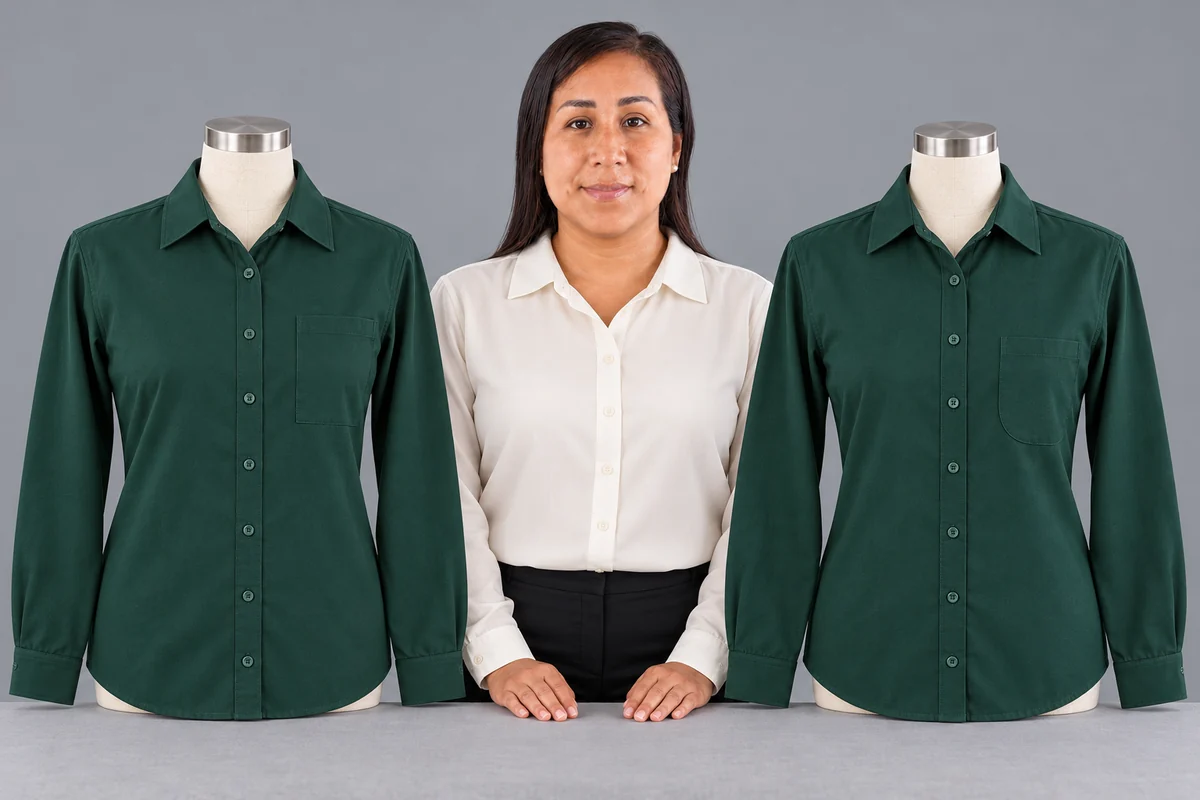 Mujer presenta dos camisas verde bosque de manga larga con bolsillos de formas distintas.