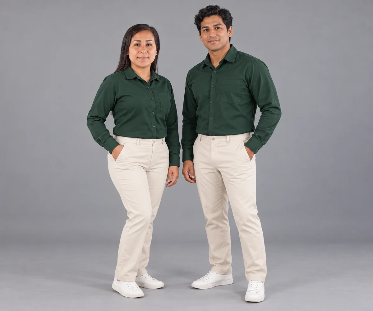 Mujer y hombre con camisas verde bosque y pantalones marfil en estudio.