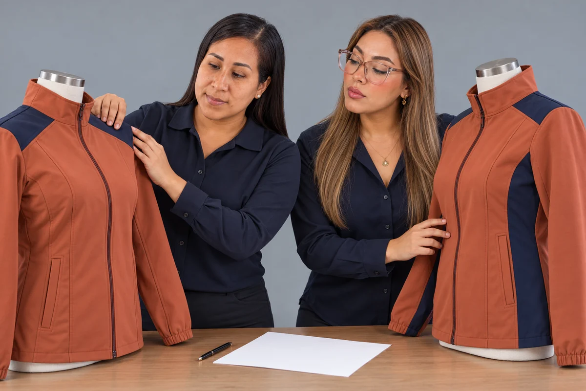 Dos mujeres comparan los paneles azules de dos casacas terracota sobre maniquíes.