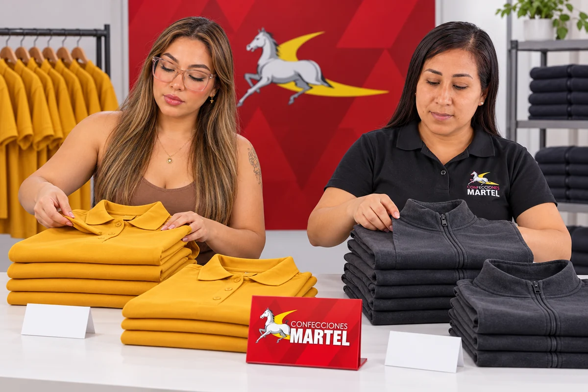 Organización de polos mostaza y chalecos grafito doblados
