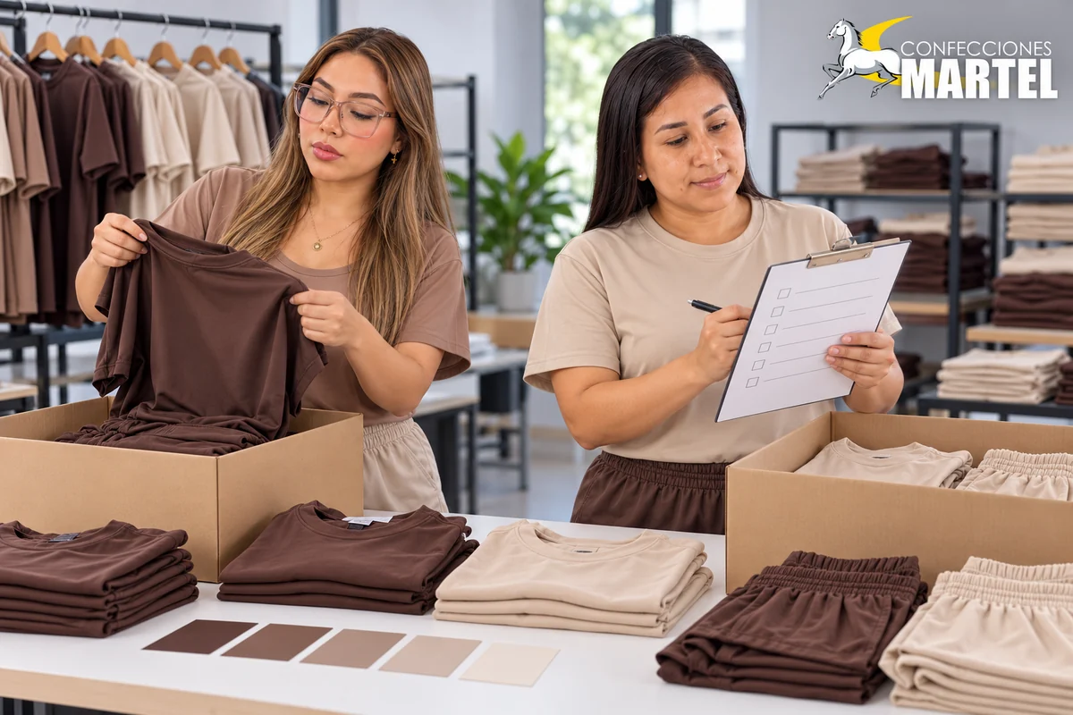 Dos mujeres ordenan camisetas y shorts chocolate y beige en cajas de muestra junto a una ficha sin datos.