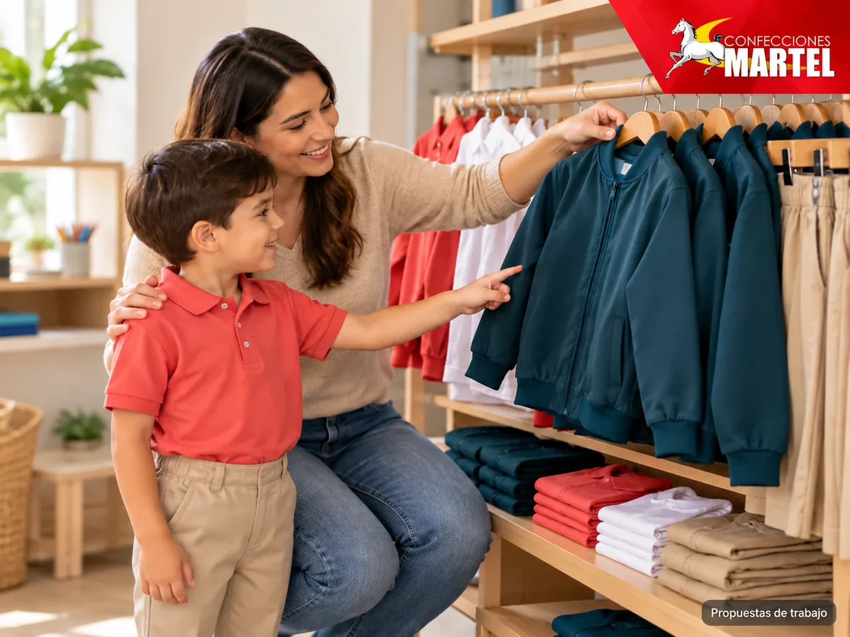 Adulto y niño con polo coral eligen una casaca petróleo de un perchero. Propuesta referencial de propuesta de Confecciones Martel.