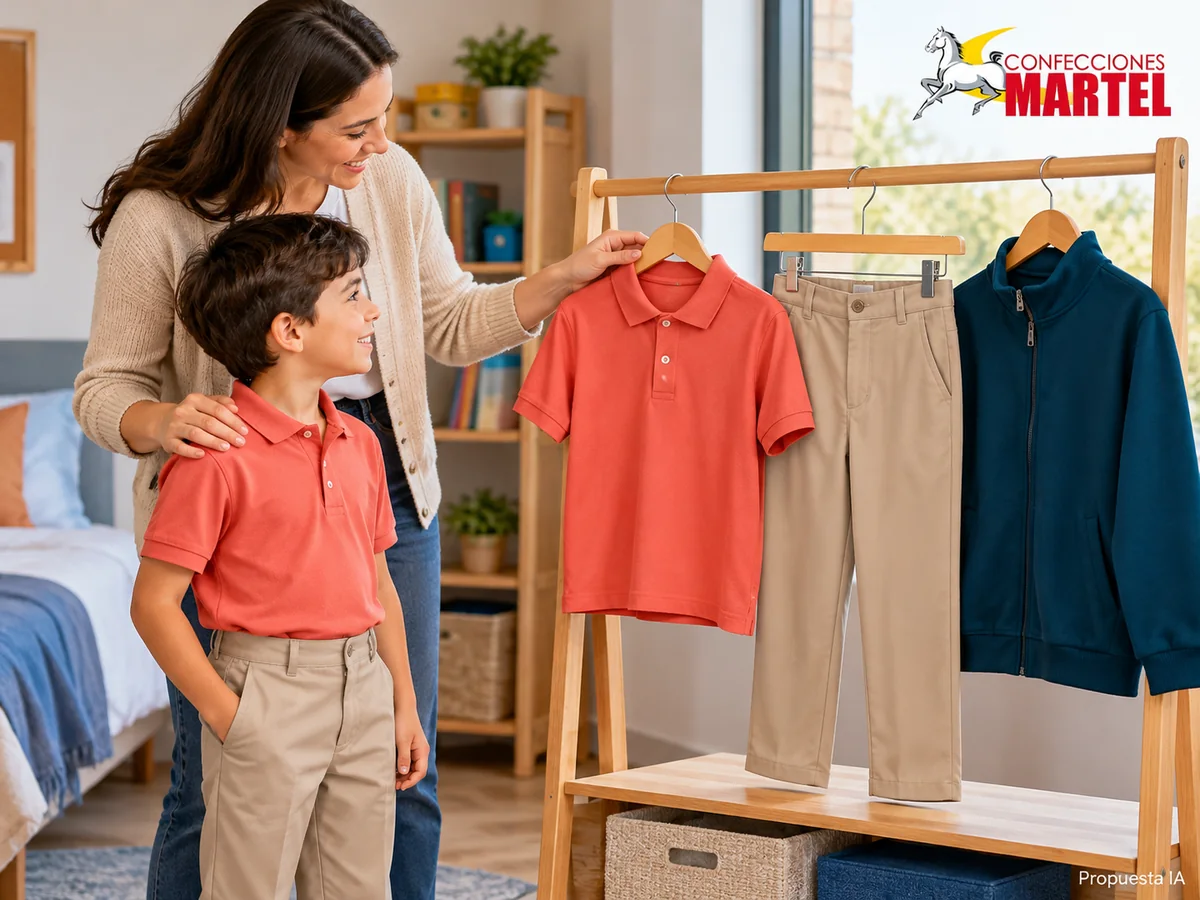 Polo coral, pantalón arena y casaca petróleo colgados junto a un niño y un adulto. Propuesta referencial de propuesta de Confecciones Martel.