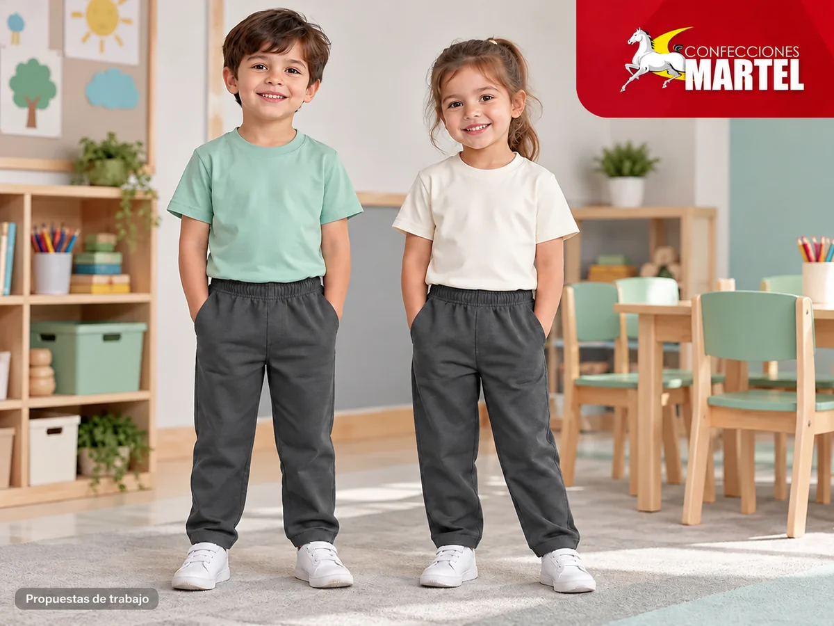 Propuesta ilustrativa Martel: niños de pie con polo y pantalón elástico sincordones.