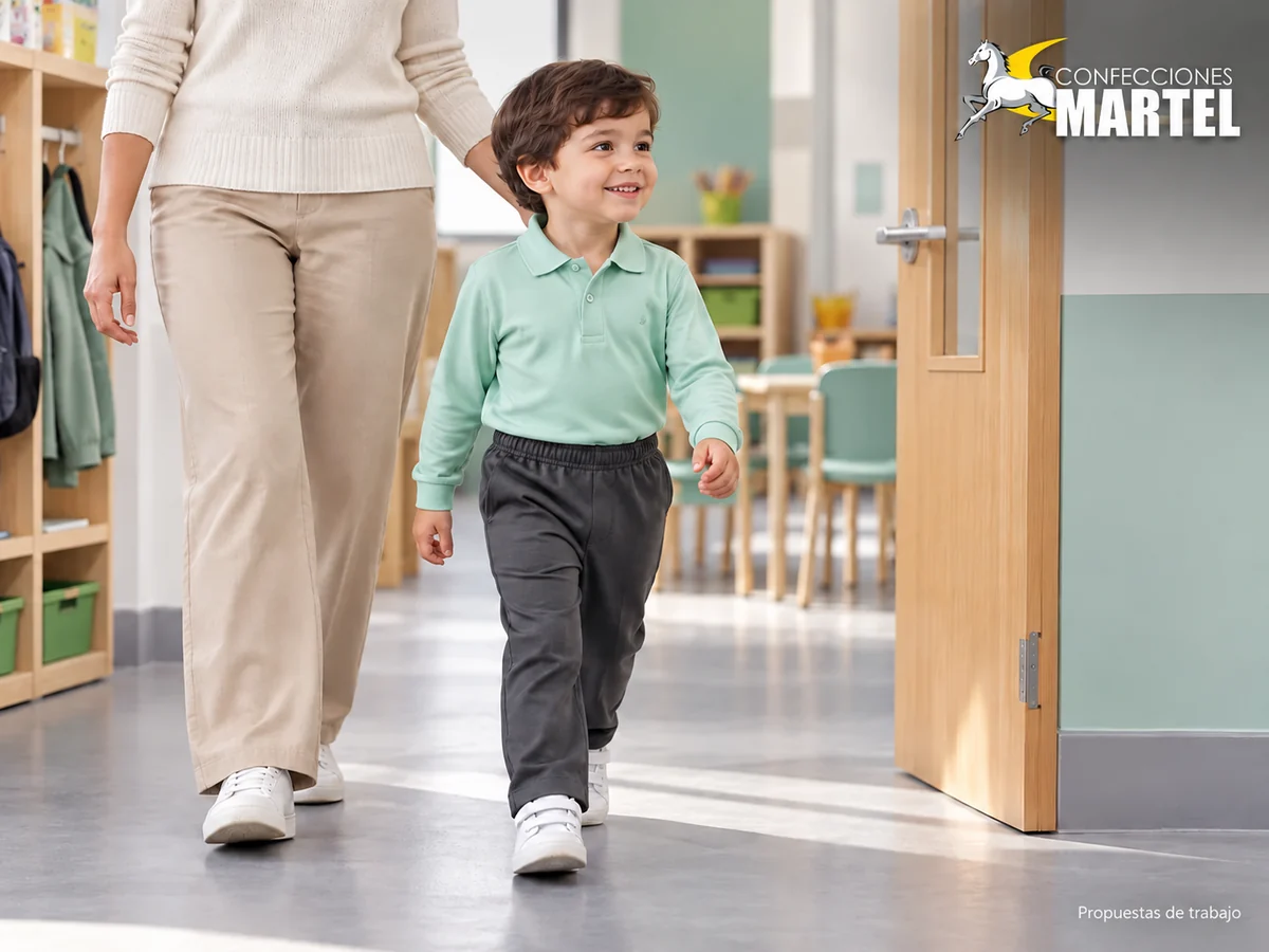 Propuesta ilustrativa Martel: niño vestido caminando con adulto cerca.