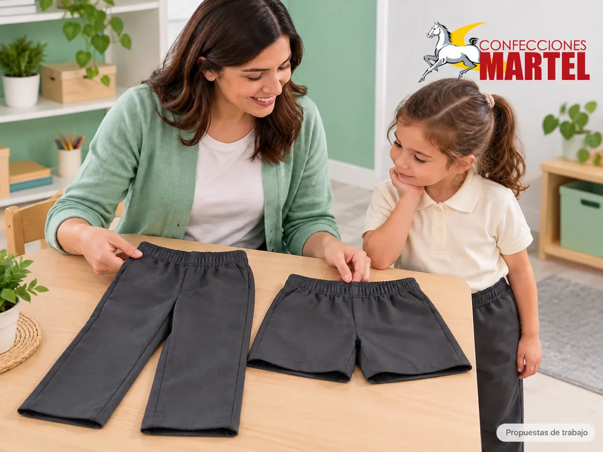 Propuesta ilustrativa Martel: adulto compara pantalón y short sobre mesa.