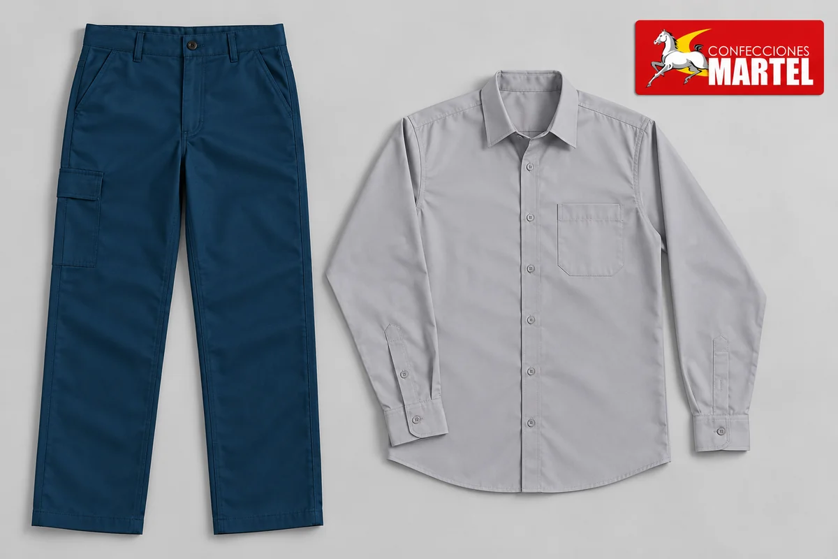 Pantalón azul petróleo y camisa gris claro extendidos sobre fondo neutro