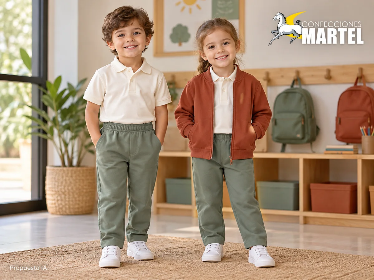Dos niños muestran polo marfil, pantalón salvia y casaca terracota abierta. Propuesta referencial de propuesta de Confecciones Martel.